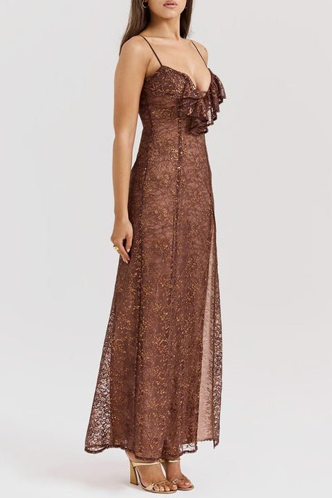 Lace Ruffled Deep V Evening Dress