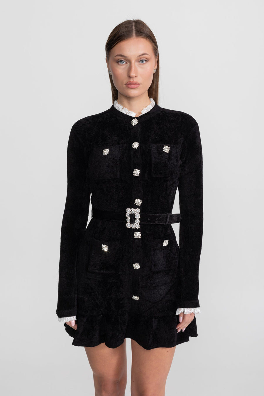 Knit Crystal-Button Mini Dress With Matching Belt – Black