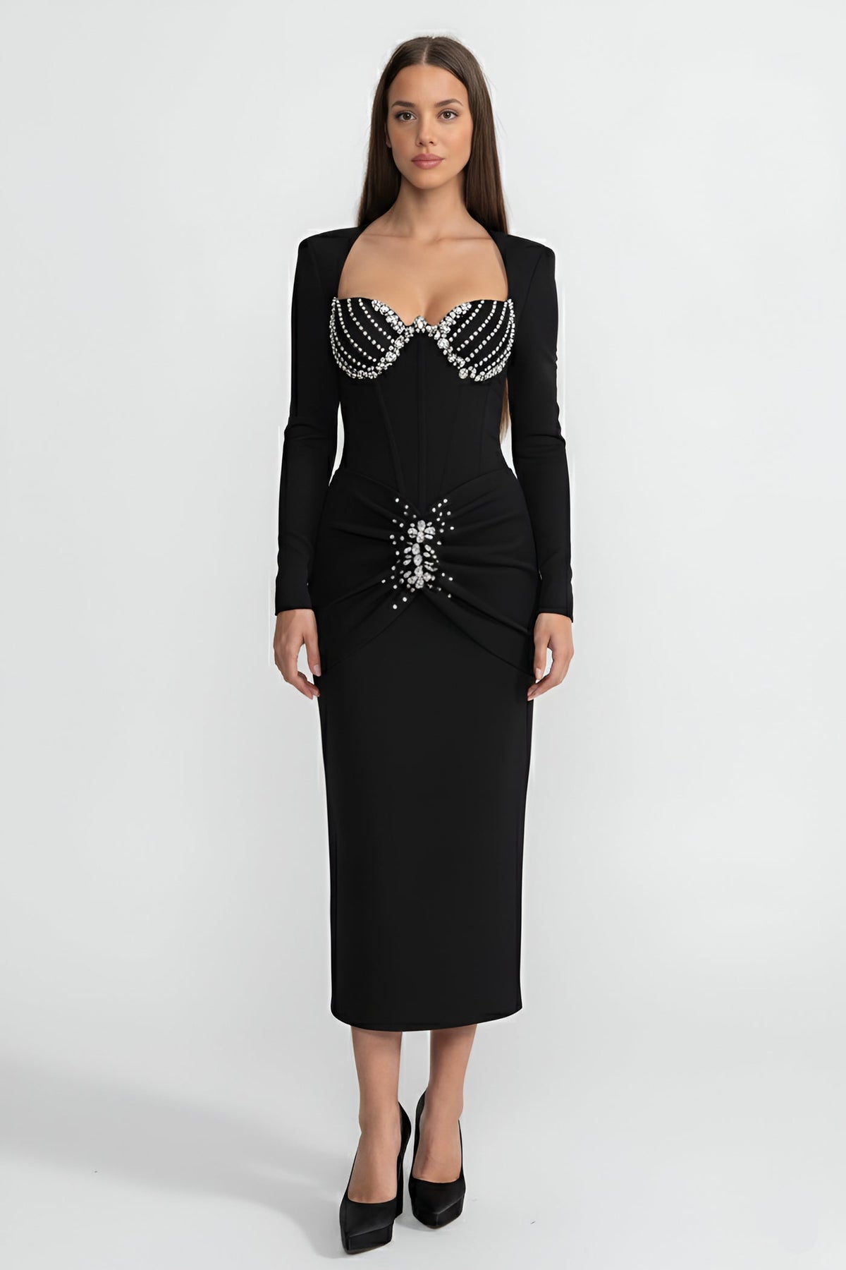 Crystal Embellished Corset Gown With Structured Bustier Bodice – Black