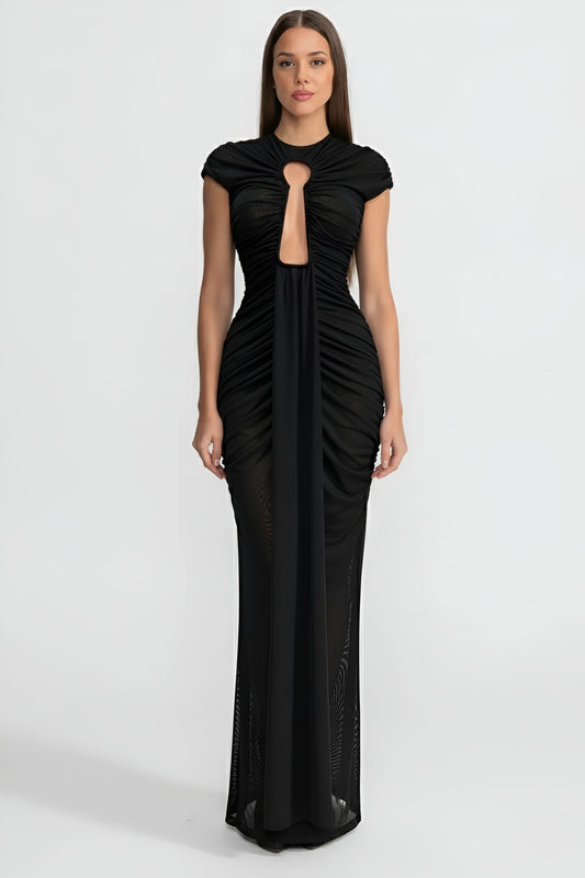 Draped Cut-Out Gown With Gathered Detailing  – Black