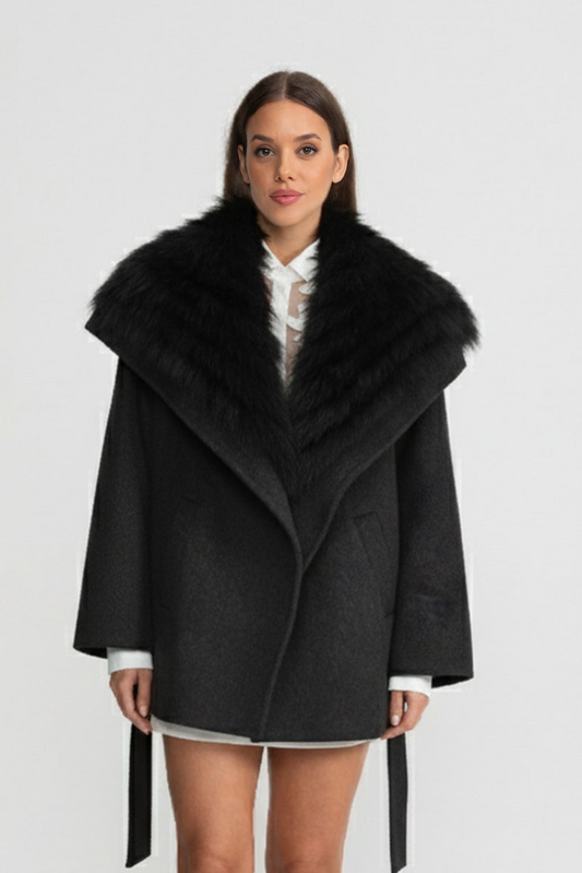 Wool Coat with Oversized Fur Collar And Belt - Black