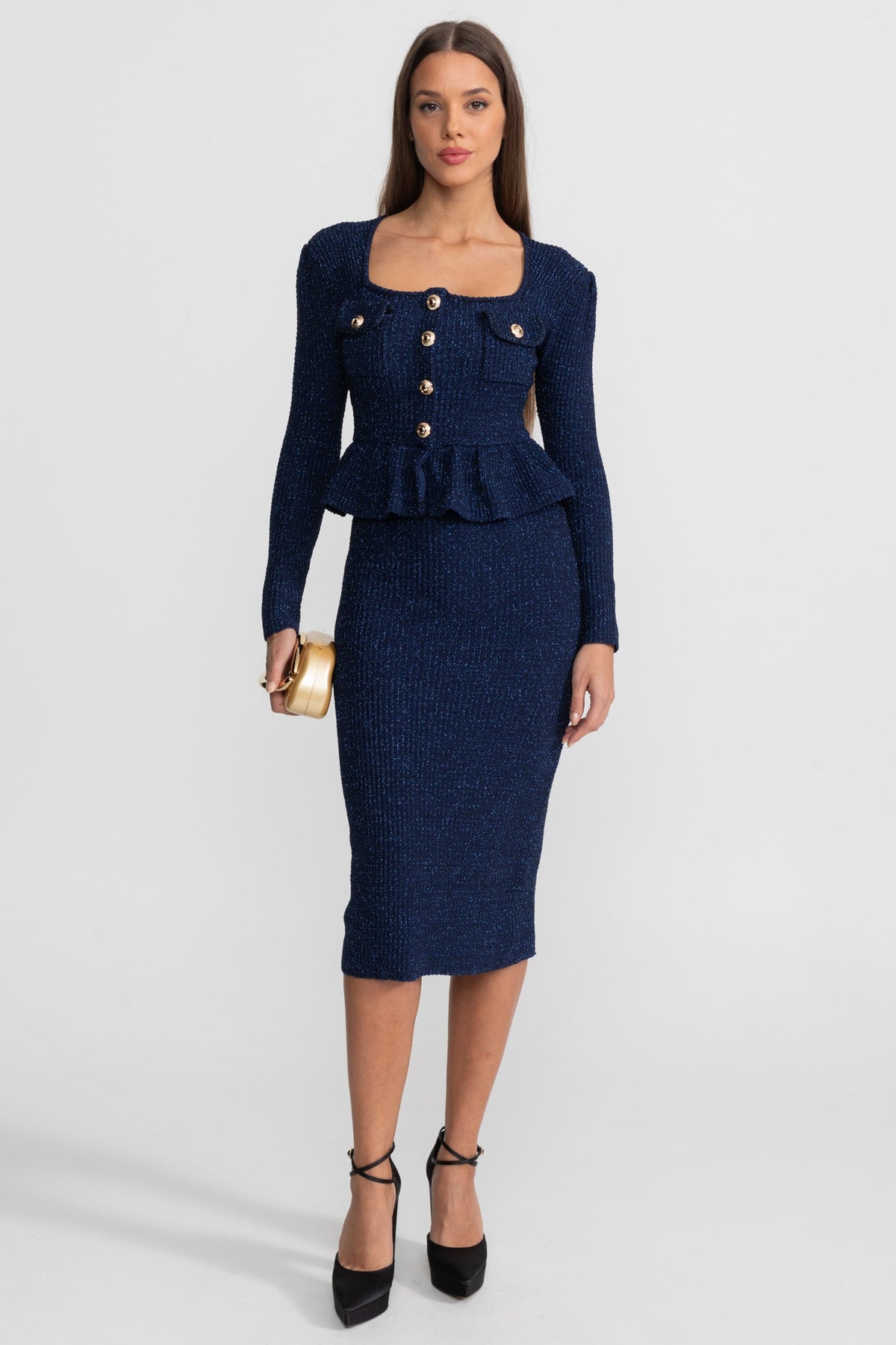 Textured Knit Dress with Peplum Waist and Gold Buttons - Dark Blue