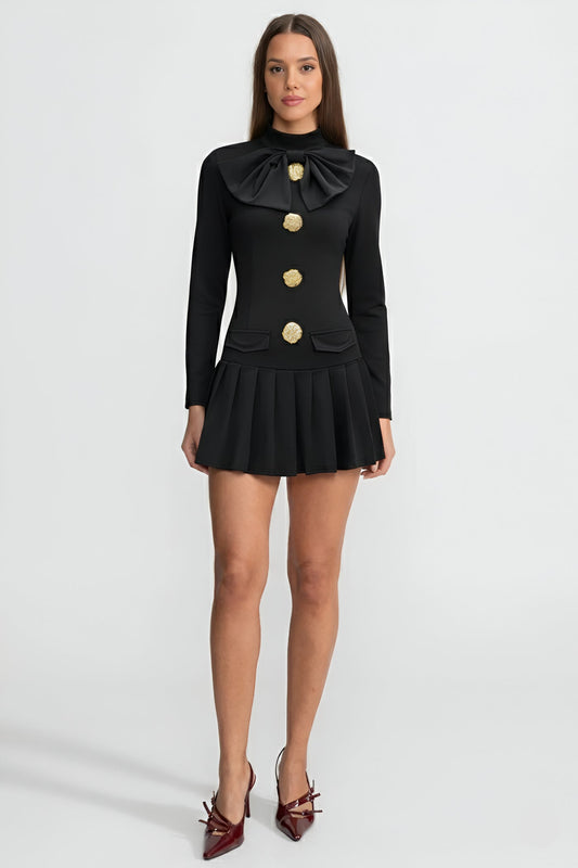 Bow-Neck Pleated Mini Dress with Gold Buttons – Black