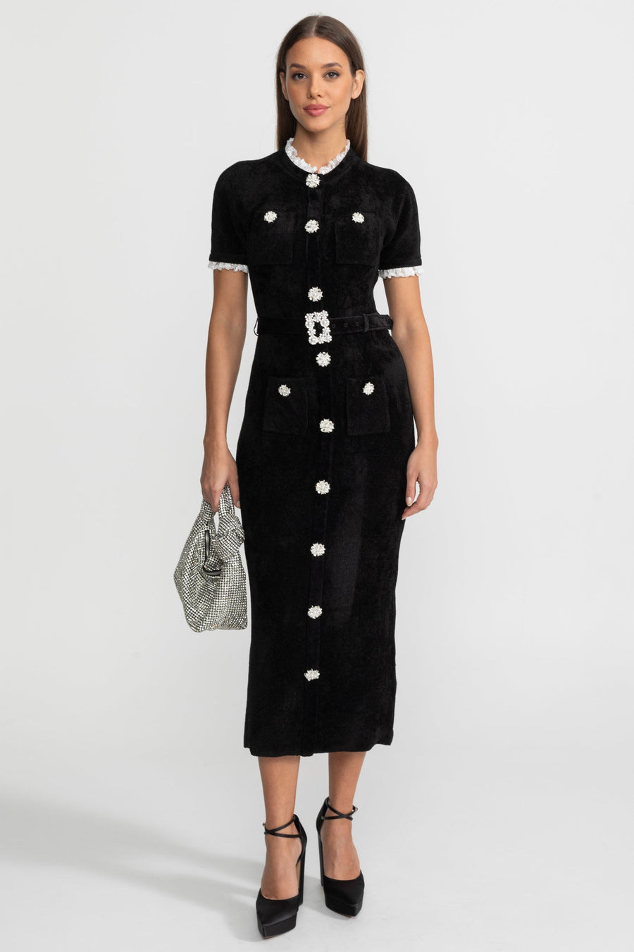 Elegant Midi Dress With Crystal Buttons and Lace Trim – Black