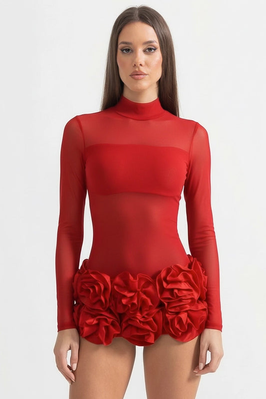 Sheer Floral Mini Dress With 3D Rosettes Hemline – Red