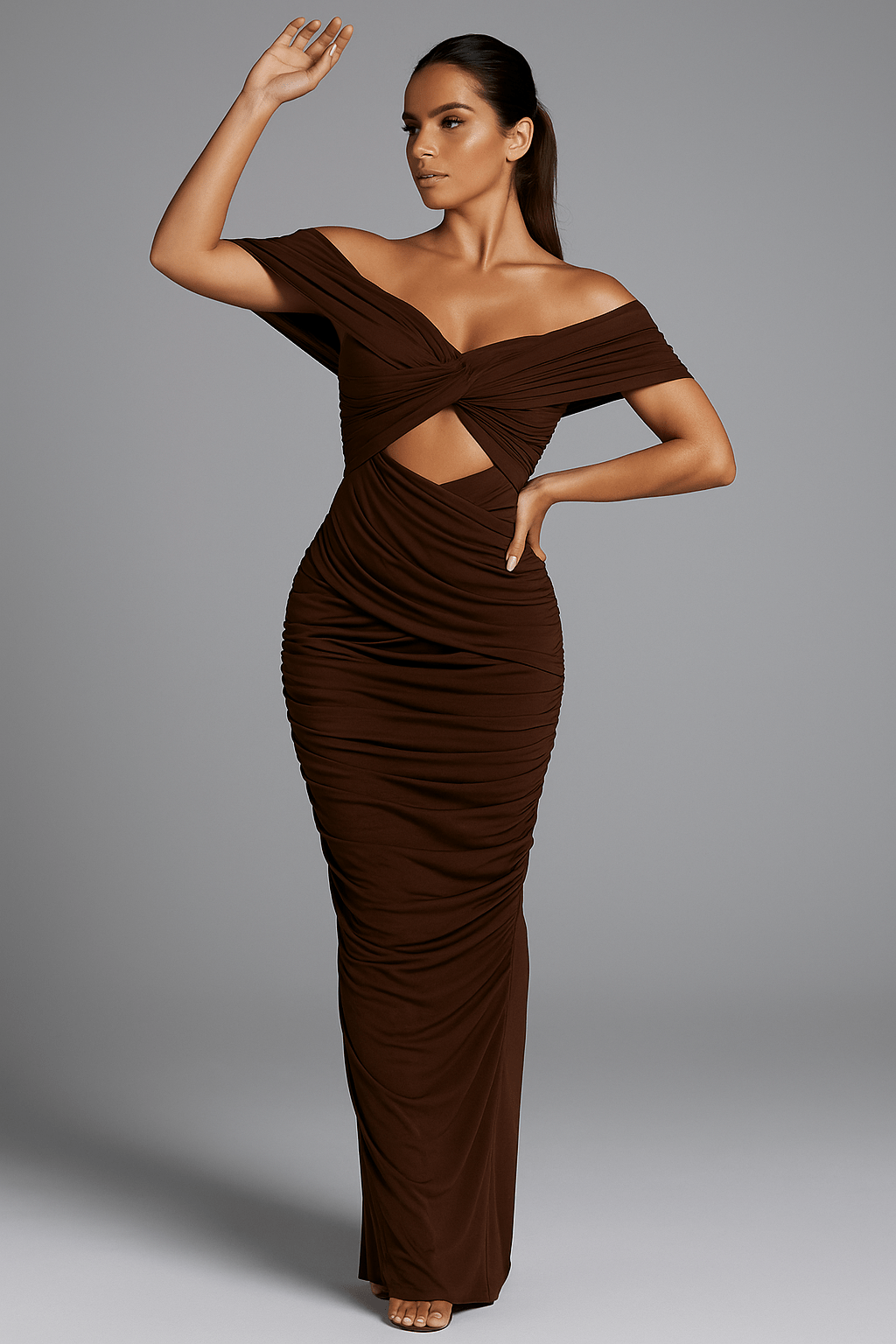 Mocha Muse Gown  Off-Shoulder Ruched
