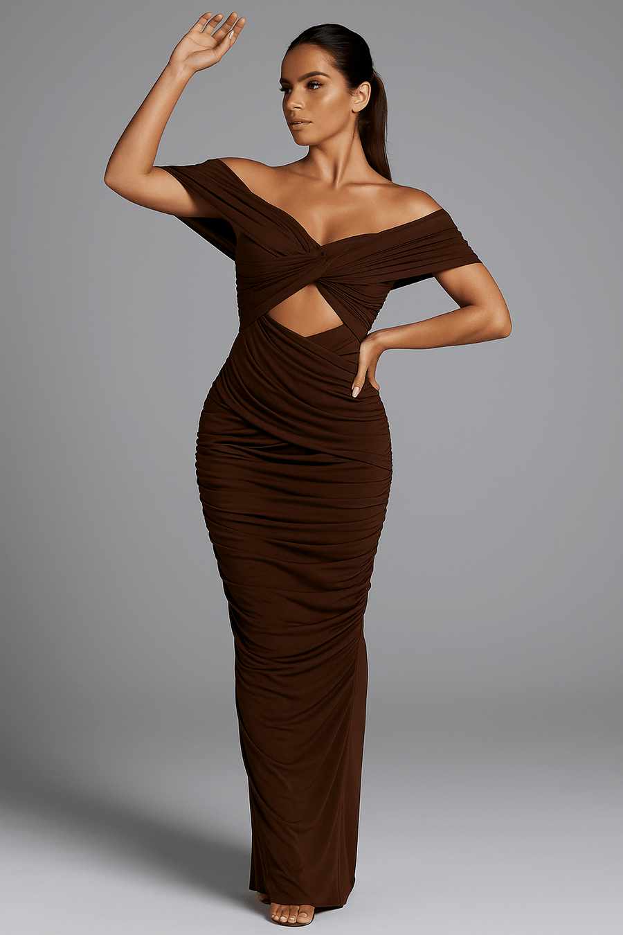 Mocha Muse Gown  Off-Shoulder Ruched