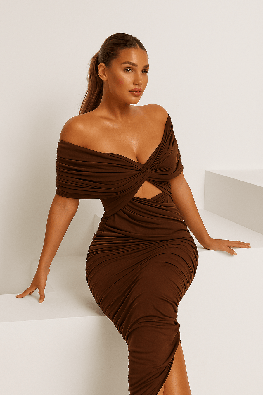 Mocha Muse Gown  Off-Shoulder Ruched