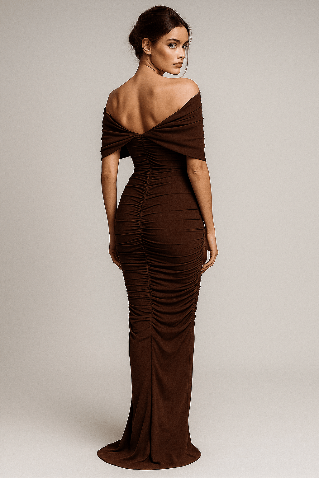 Mocha Muse Gown  Off-Shoulder Ruched