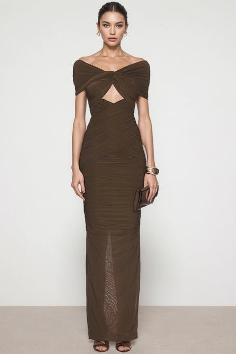 Mocha Muse Gown  Off-Shoulder Ruched