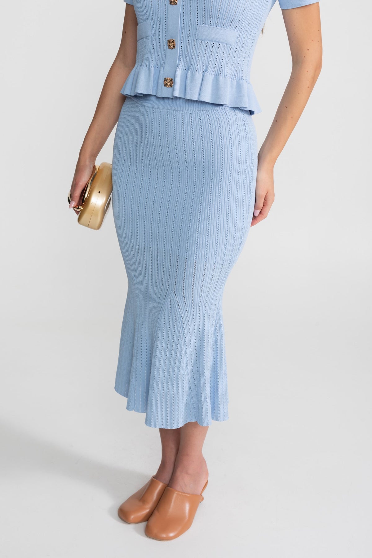 Knit Midi Co-Ord with Peplum Waist and Gold Buttons  – Baby Blue