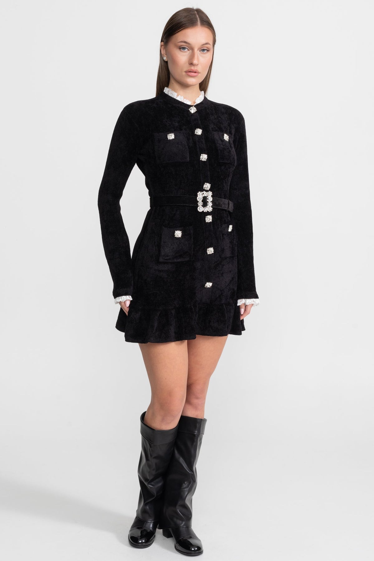Knit Crystal-Button Mini Dress With Matching Belt – Black