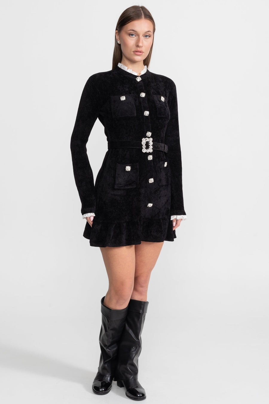 Knit Crystal-Button Mini Dress With Matching Belt – Black