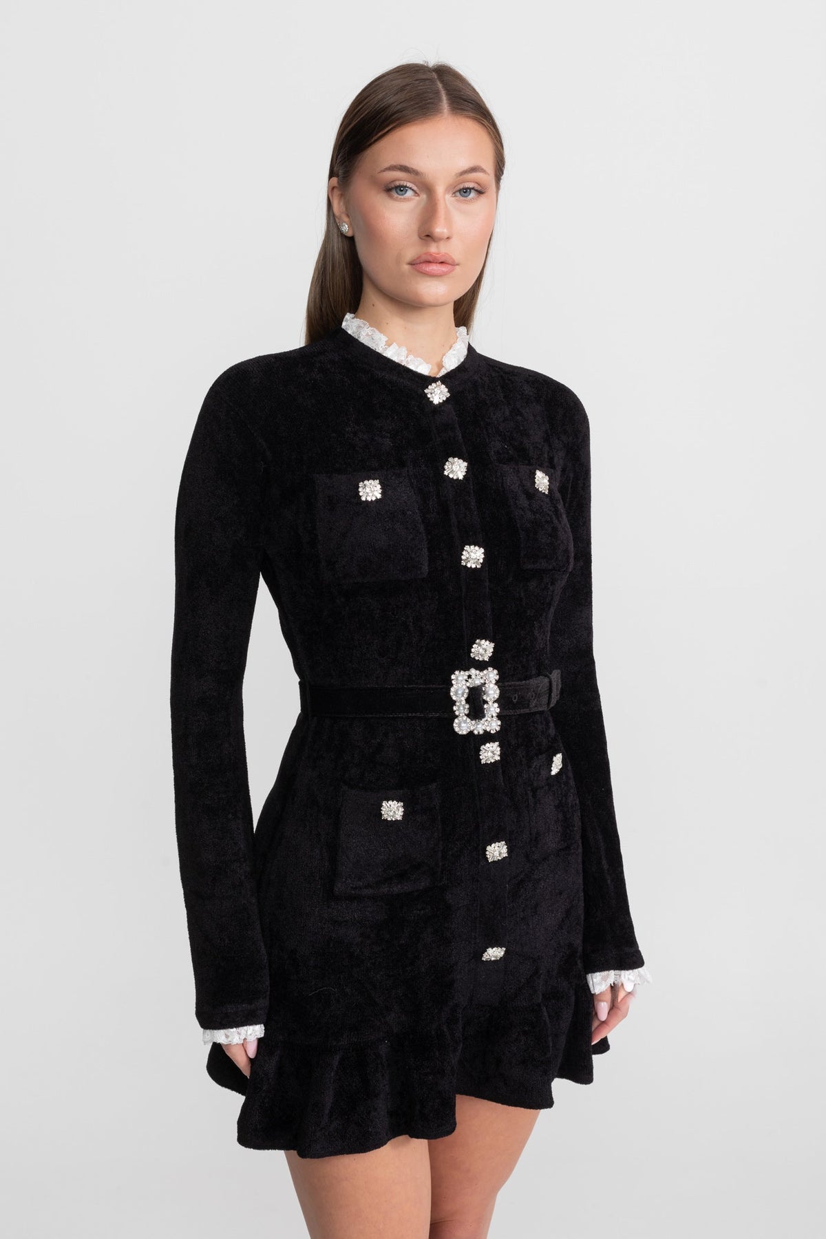 Knit Crystal-Button Mini Dress With Matching Belt – Black