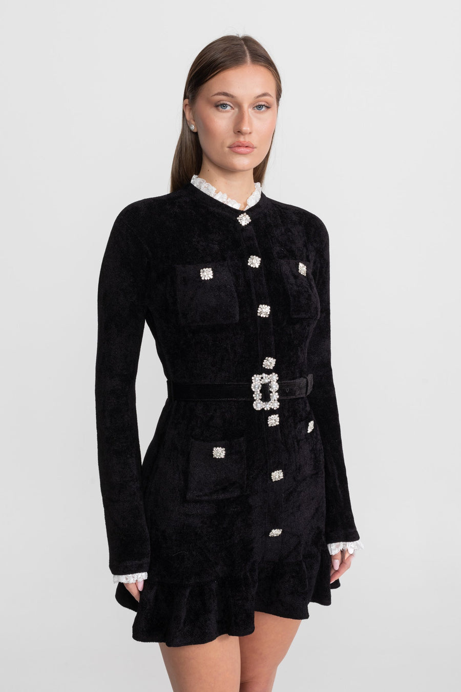 Knit Crystal-Button Mini Dress With Matching Belt – Black