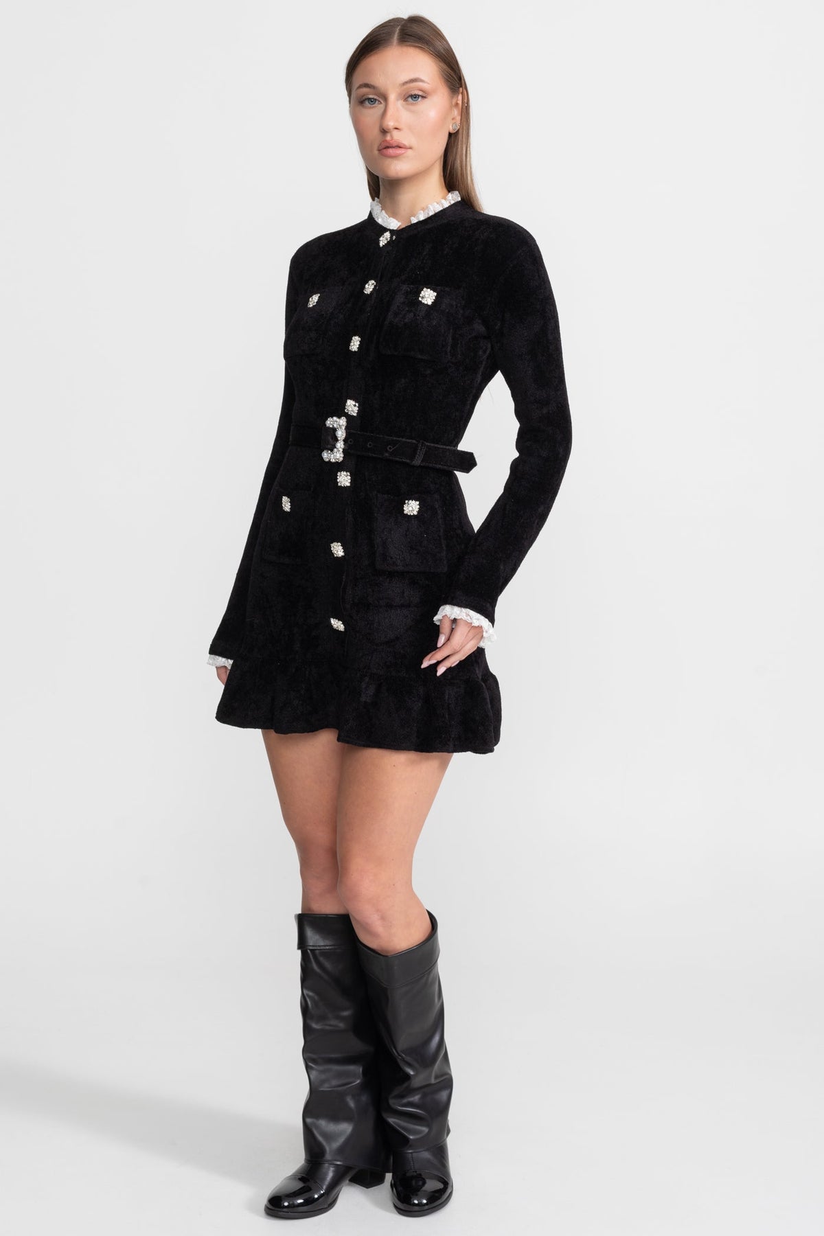 Knit Crystal-Button Mini Dress With Matching Belt – Black
