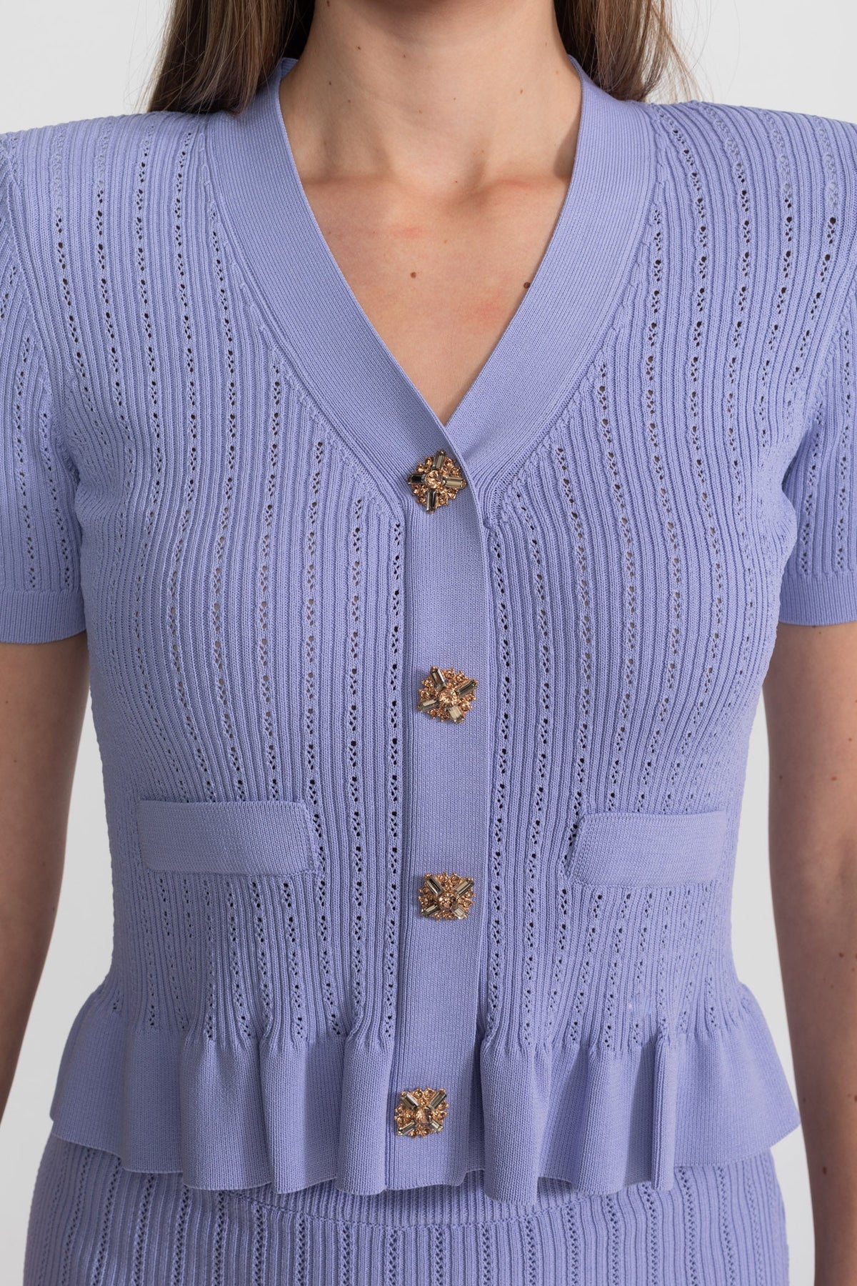 Knit Midi Co-Ord with Peplum Waist and Gold Buttons  – Lilac