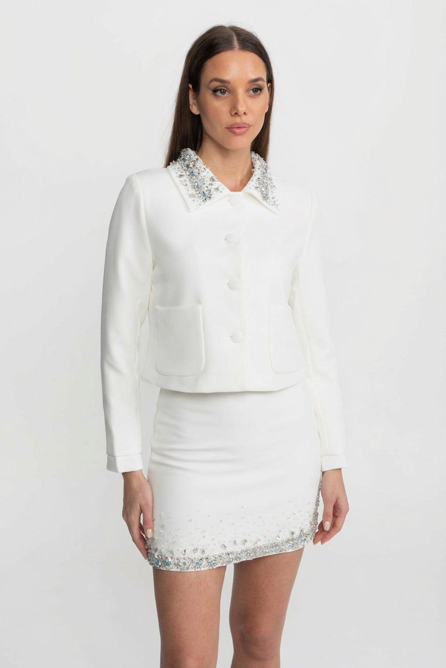 Embellished Cropped Jacket with Crystal Collar – White