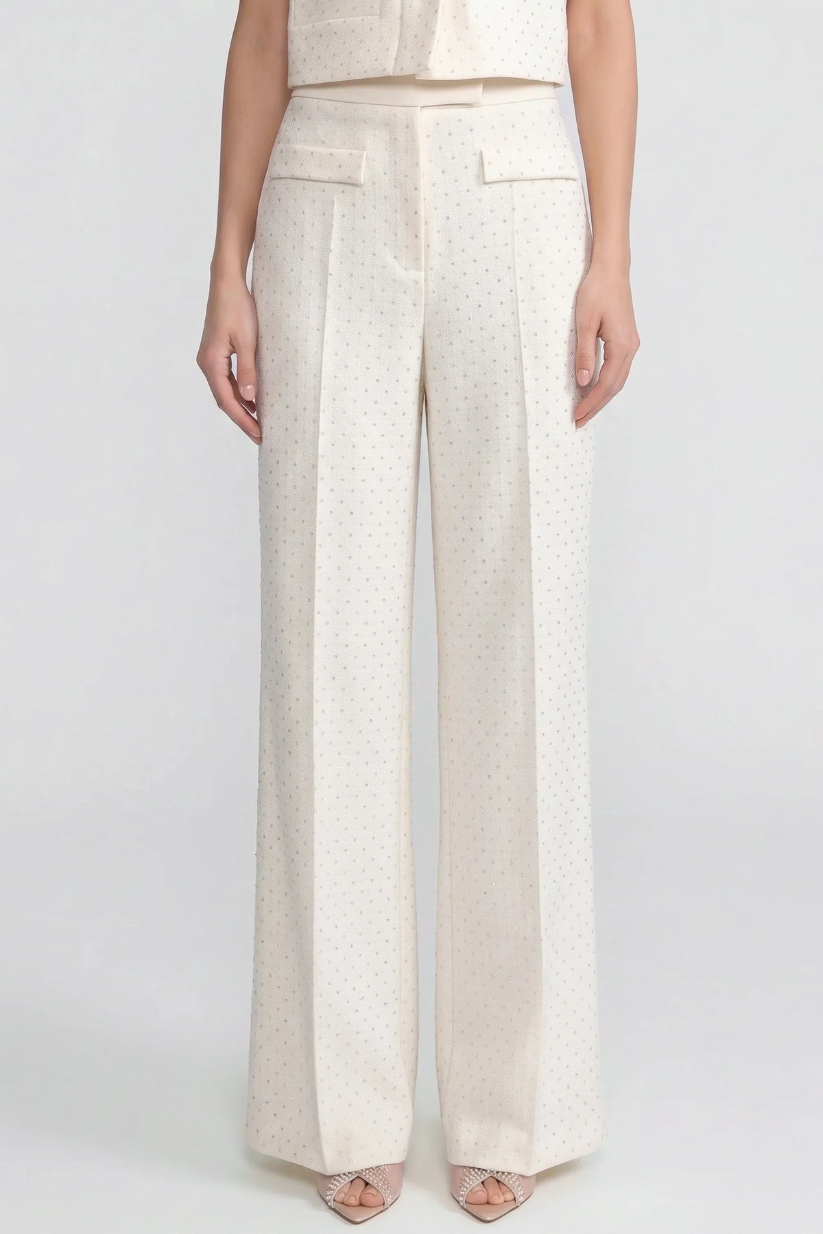 Wide-Leg Embellished Tweed Trousers With Patch Pockets - Ivoire