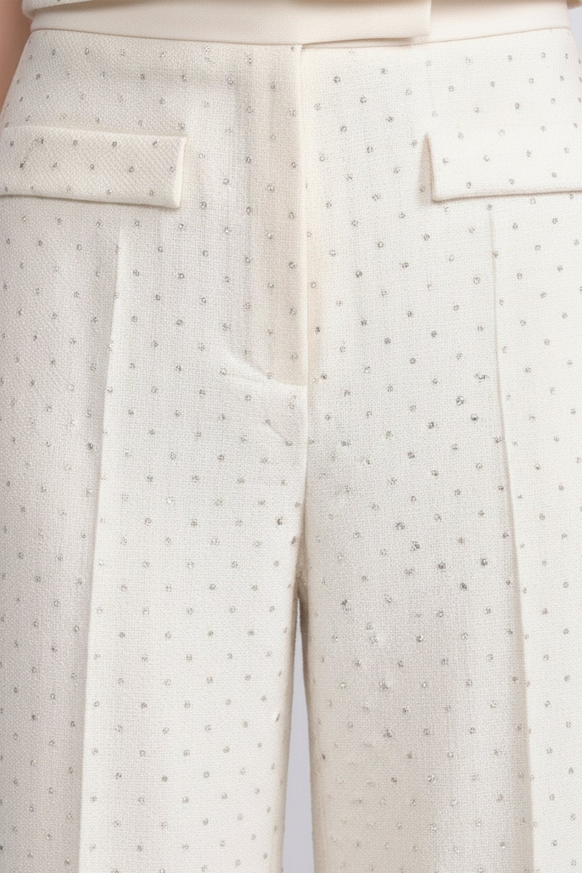 Wide-Leg Embellished Tweed Trousers With Patch Pockets - Ivoire