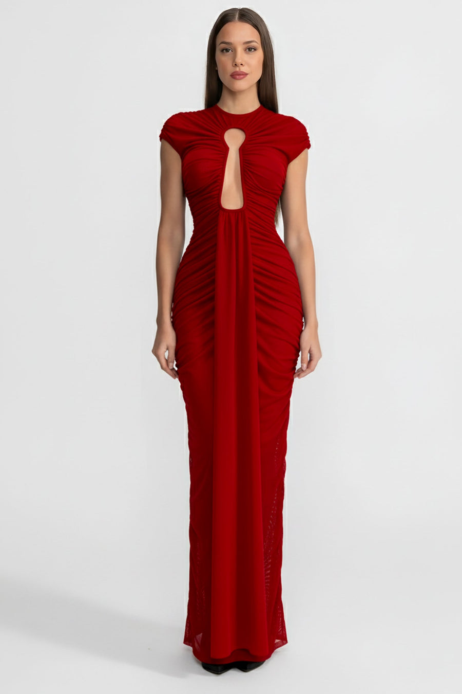Draped Cut-Out Gown With Gathered Detailing  – Red