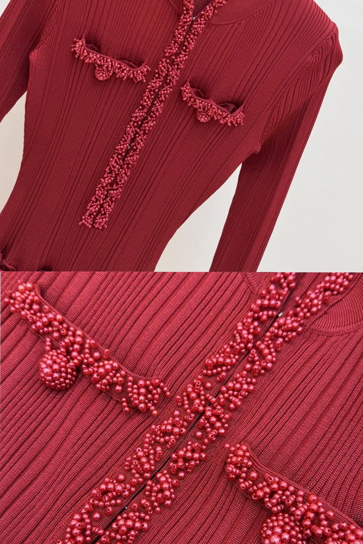 Ribbed Long Sleeve Midi Dress With Braided Trim Details - Burgundy