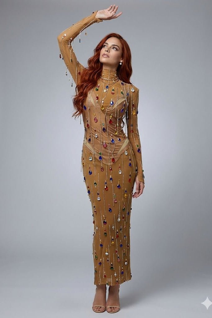 Rhinestone Fringe Mesh Performance Maxi Gown