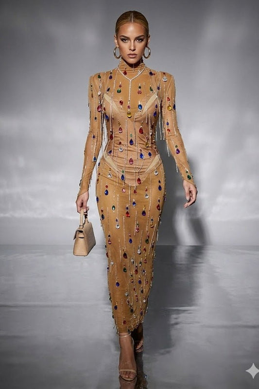 Rhinestone Fringe Mesh Performance Maxi Gown
