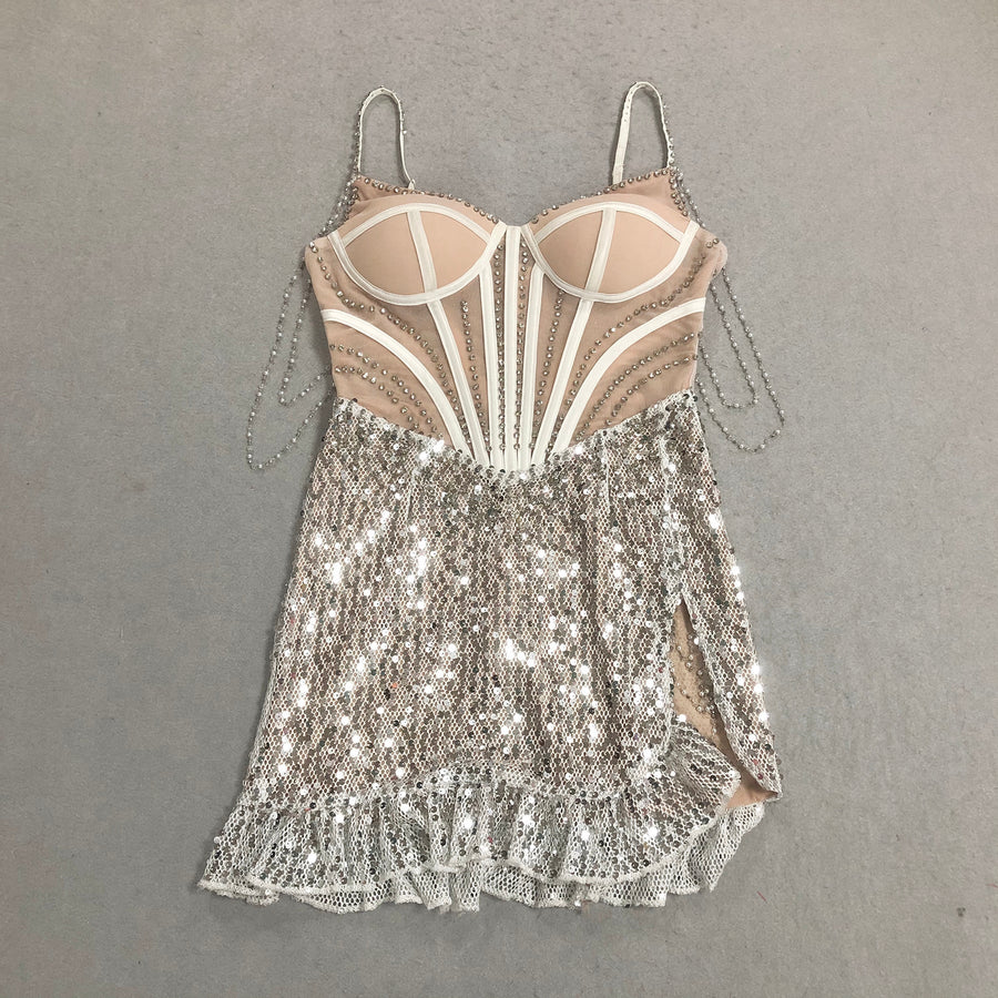 Rhinestone Mesh Bodycon Mini Party Dress