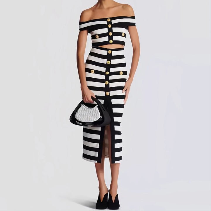 Riviera Monochrome Striped Gold Button Co-Ord Set