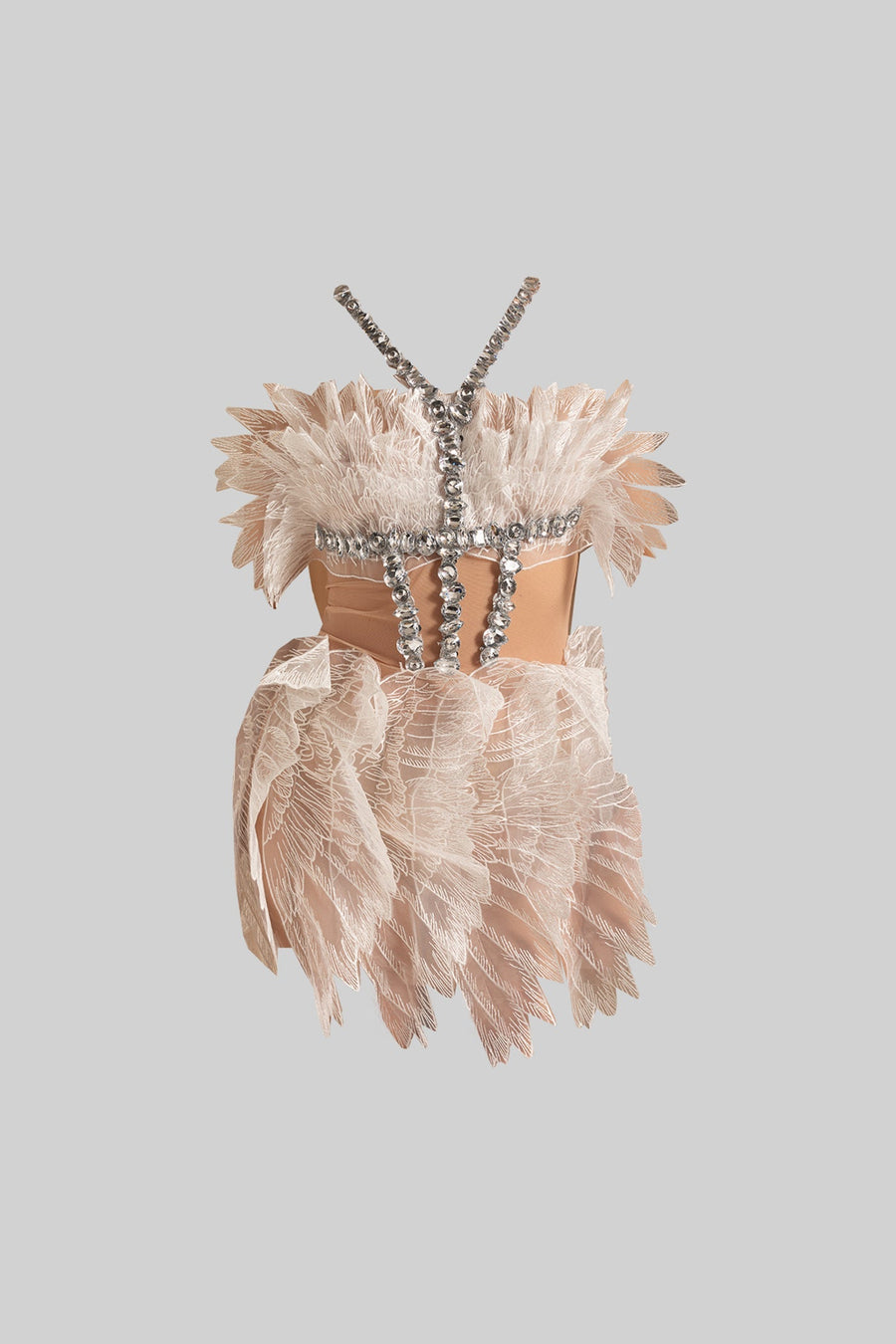 Ethereal Mini Dress With Sheer Wings Texture And Crystal Embellishments - White