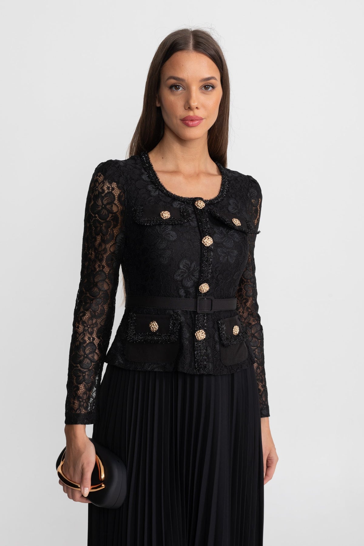 Lace and Pleated Midi Dress with Gold Button Detailing - Black