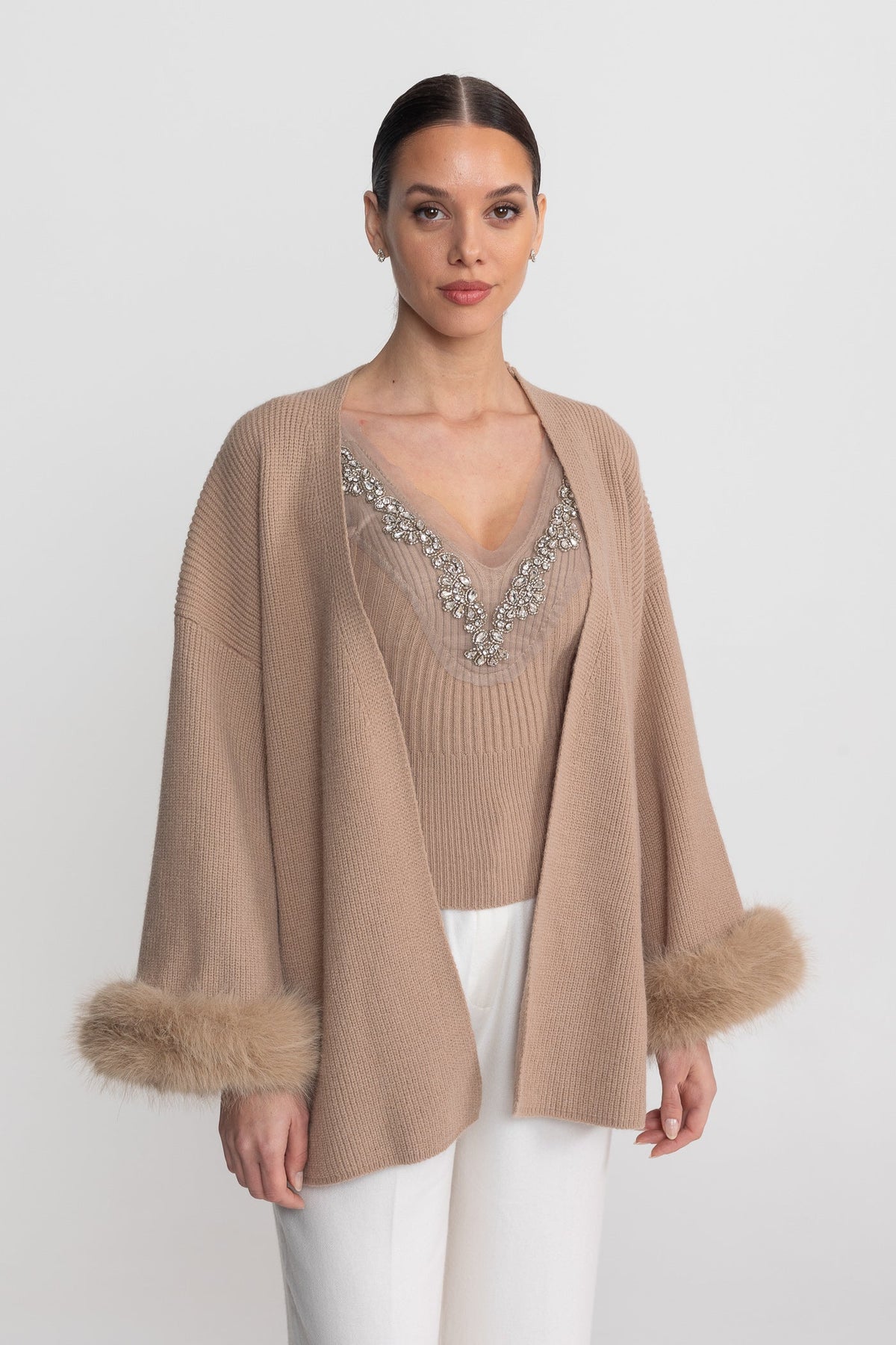 Knit Two Piece Set With Crystal Embellishments And Trim Cuffs - Beige