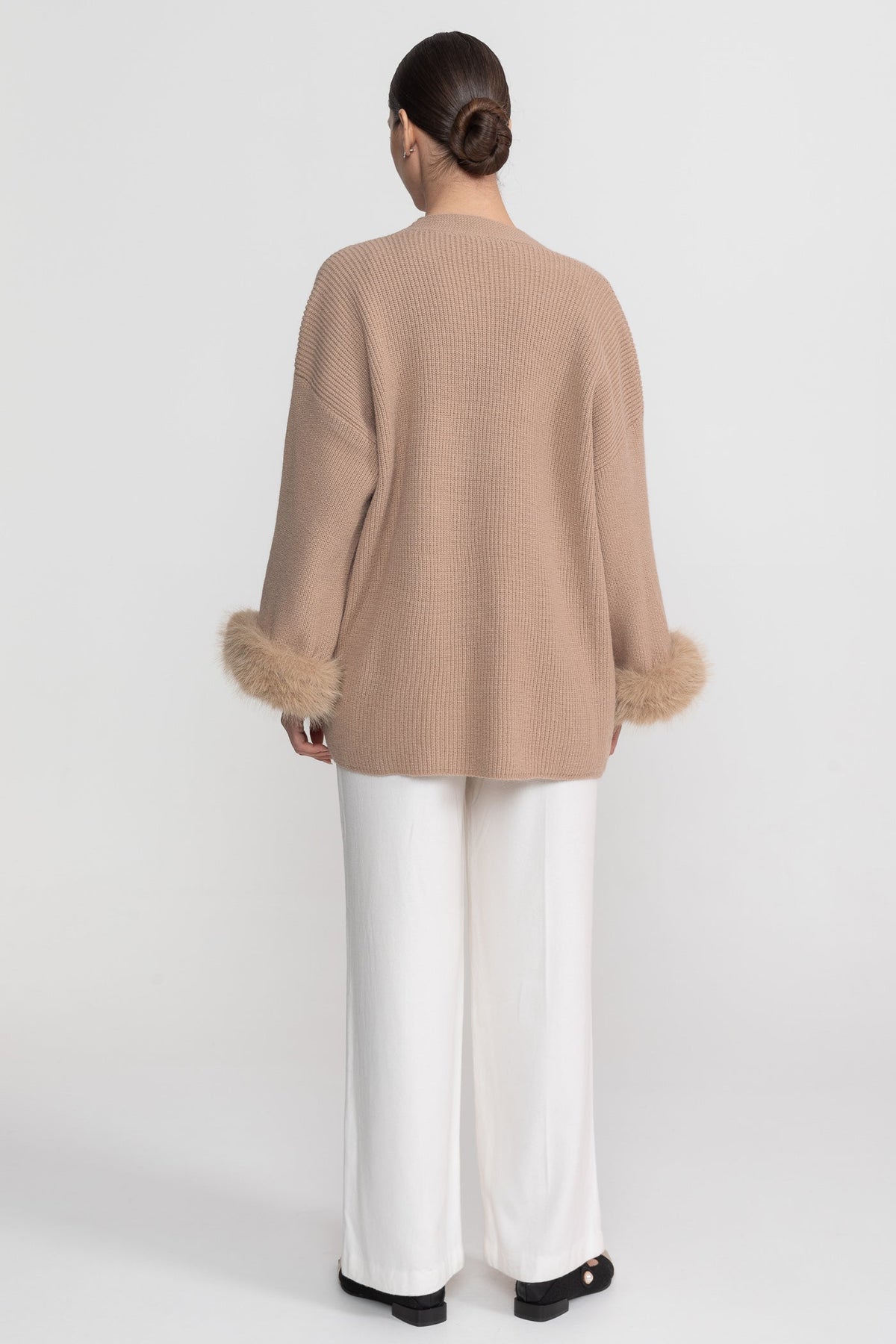 Knit Two Piece Set With Crystal Embellishments And Trim Cuffs - Beige