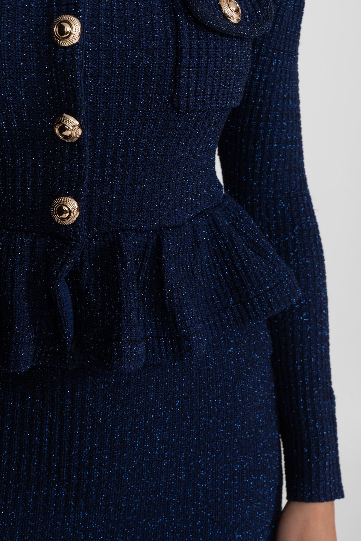 Textured Knit Dress with Peplum Waist and Gold Buttons - Dark Blue