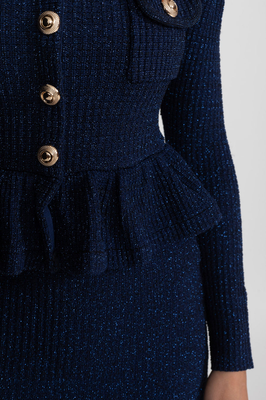 Textured Knit Dress with Peplum Waist and Gold Buttons - Dark Blue