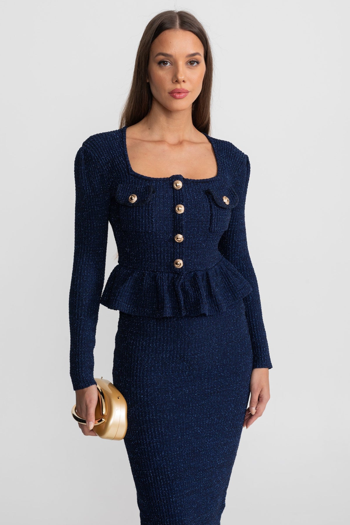 Textured Knit Dress with Peplum Waist and Gold Buttons - Dark Blue