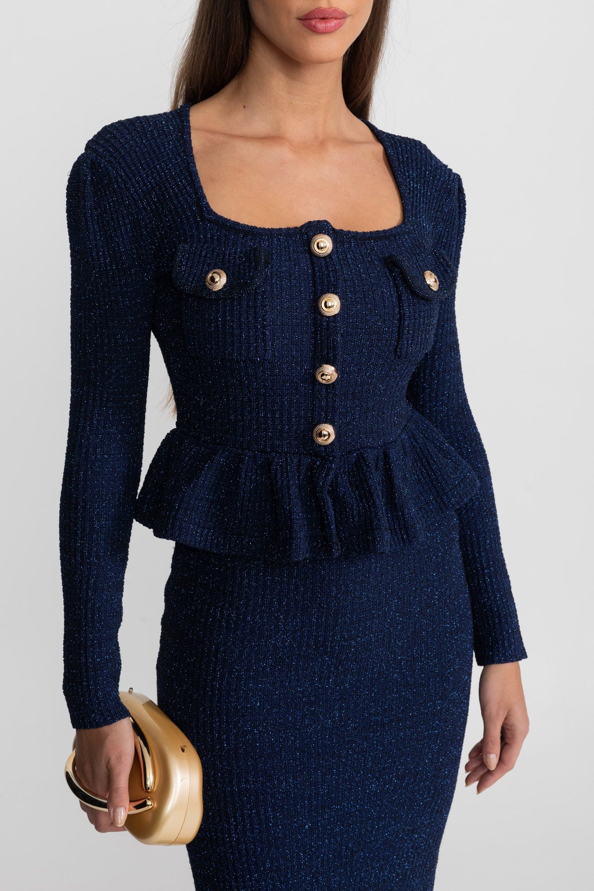 Textured Knit Dress with Peplum Waist and Gold Buttons - Dark Blue