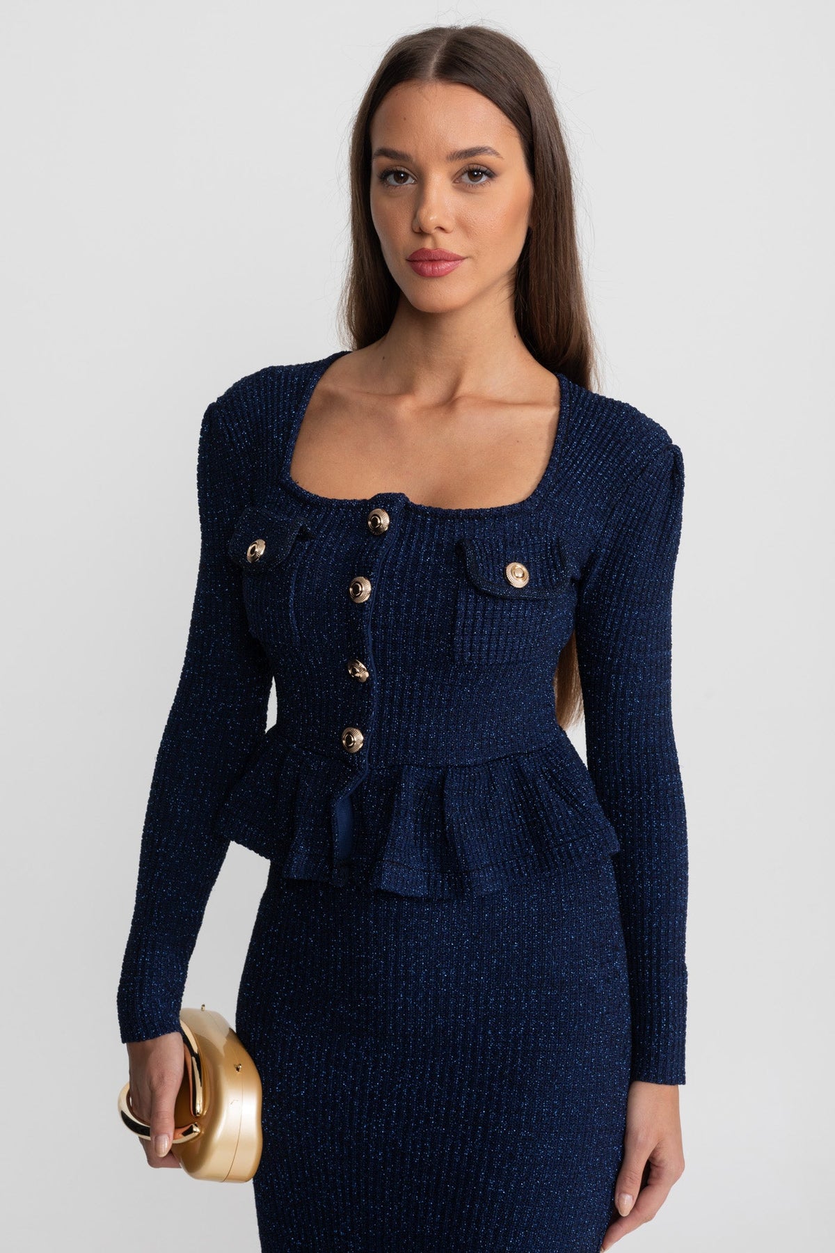 Textured Knit Dress with Peplum Waist and Gold Buttons - Dark Blue