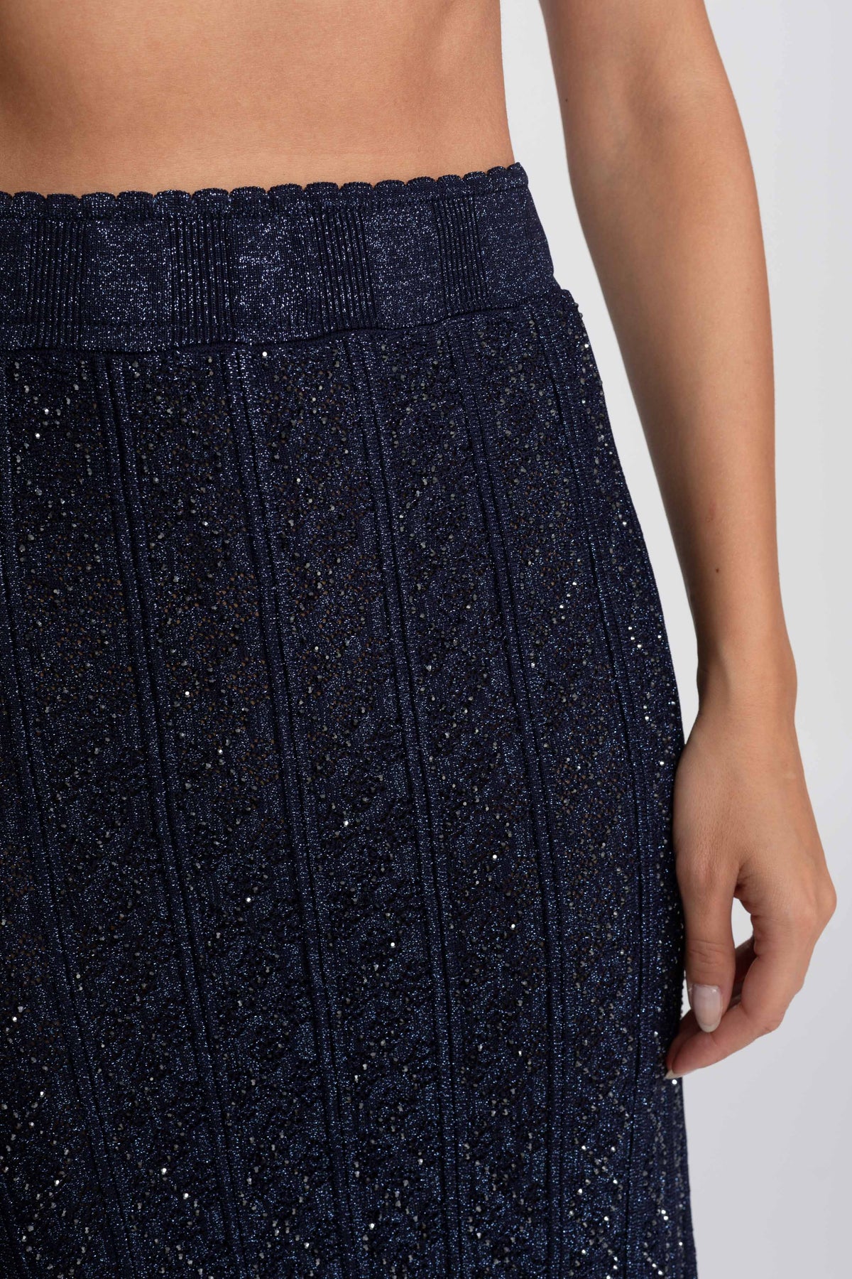 Long-Sleeve Diamond-Pattern Lace Co-Ord Set With Maxi Skirt - Navy