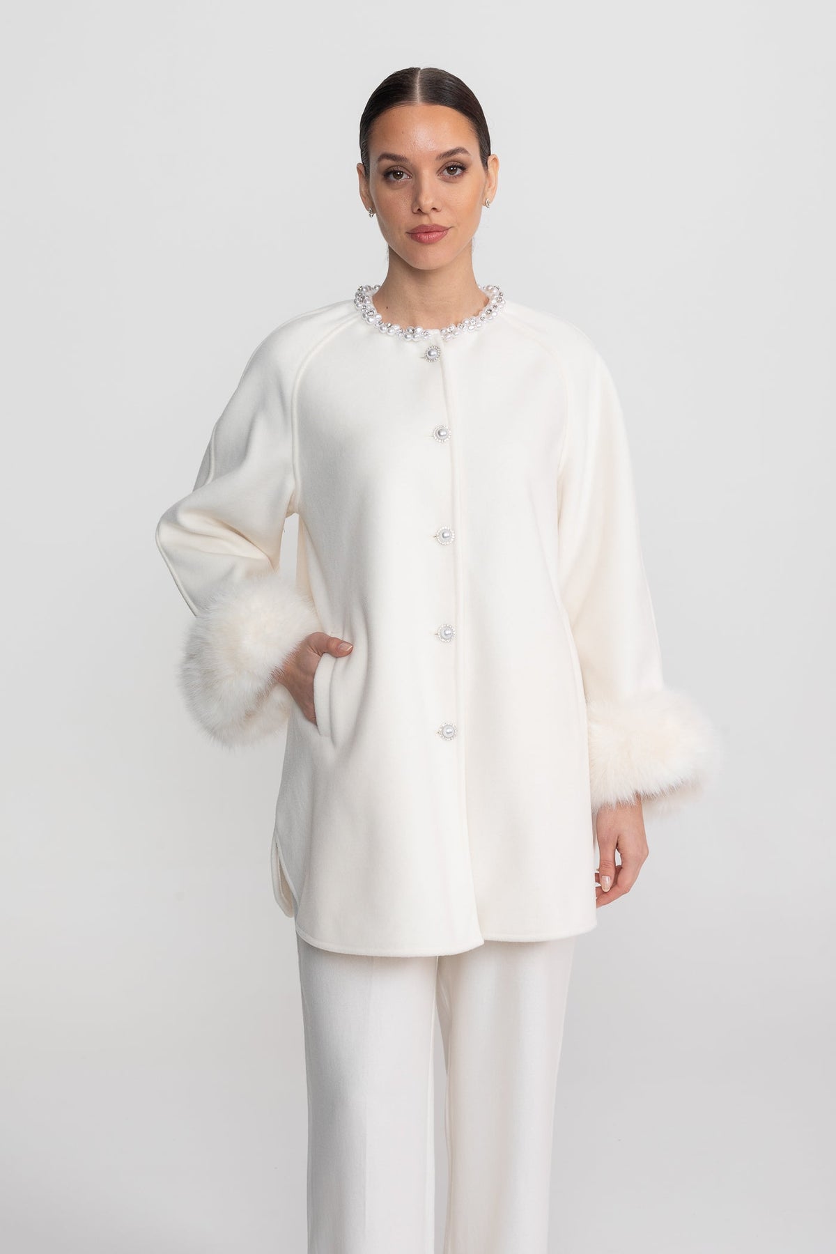 Longline Coat With Pearl Embellished Neckline And Fur Cuffs - White
