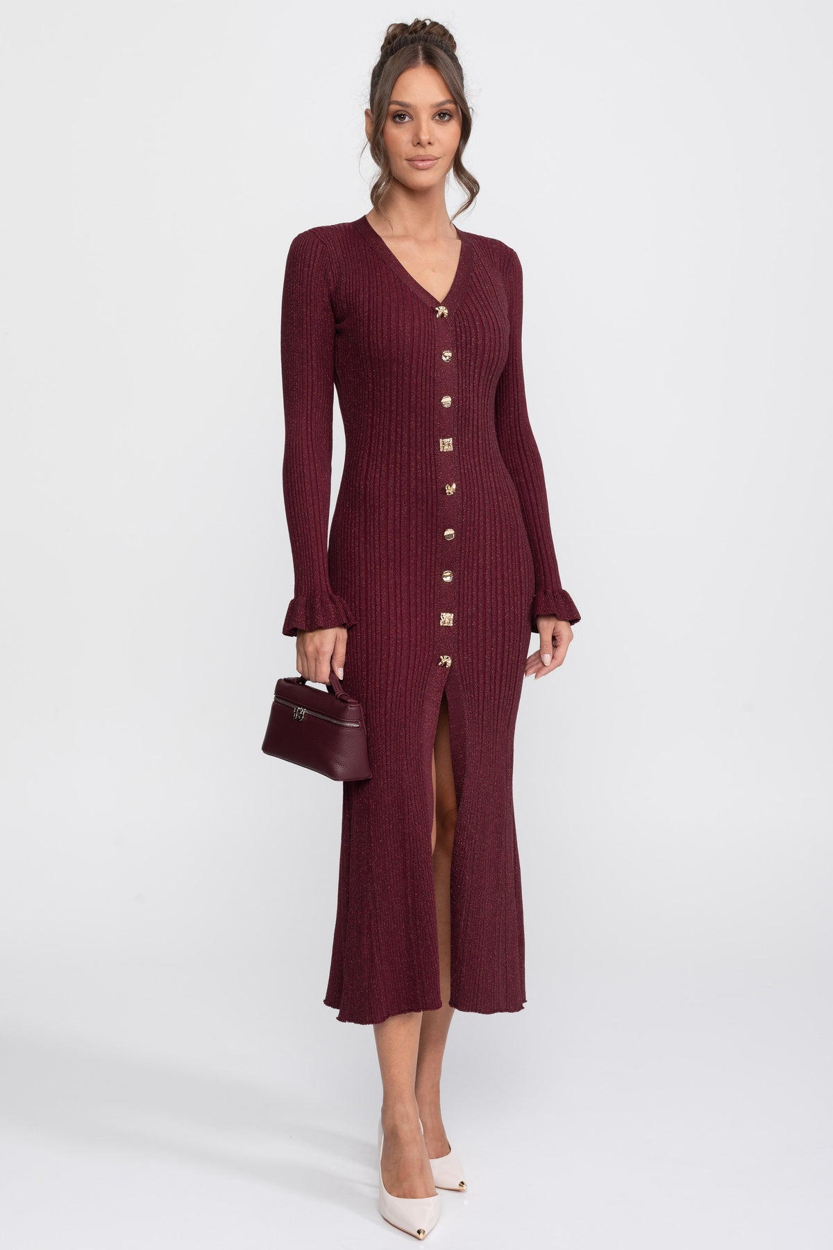 V-Neck Button-Front Ribbed Knit Maxi Dress With Ruffle Cuffs - Burgundy