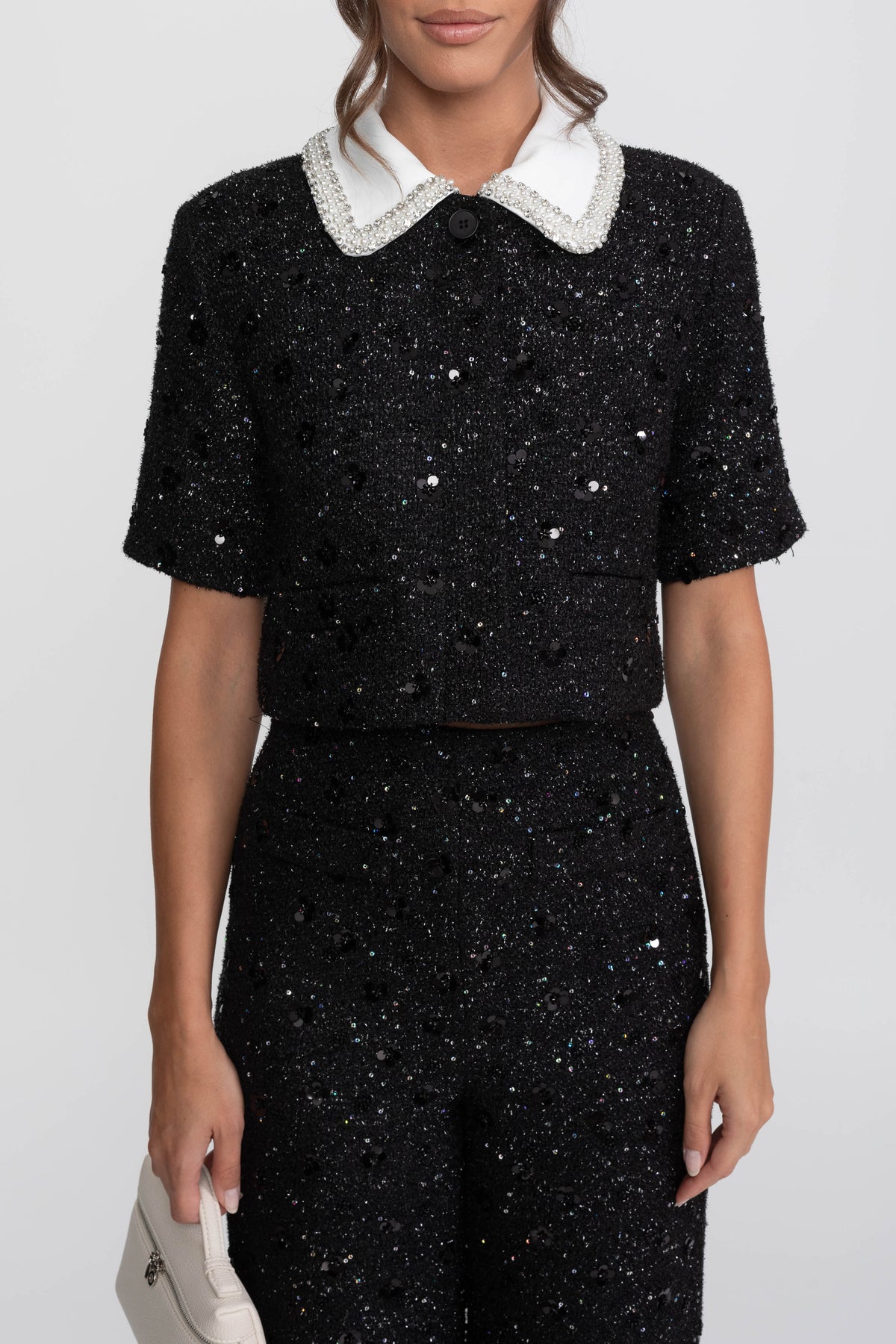 Short-Sleeve Tweed Cropped Jacket With Contrast Collar And Sequin Detail - Black