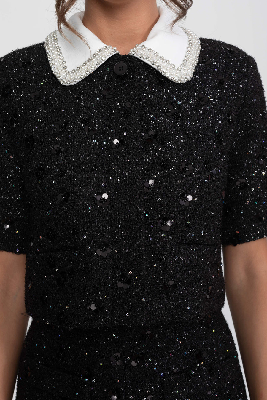 Short-Sleeve Tweed Cropped Jacket With Contrast Collar And Sequin Detail - Black