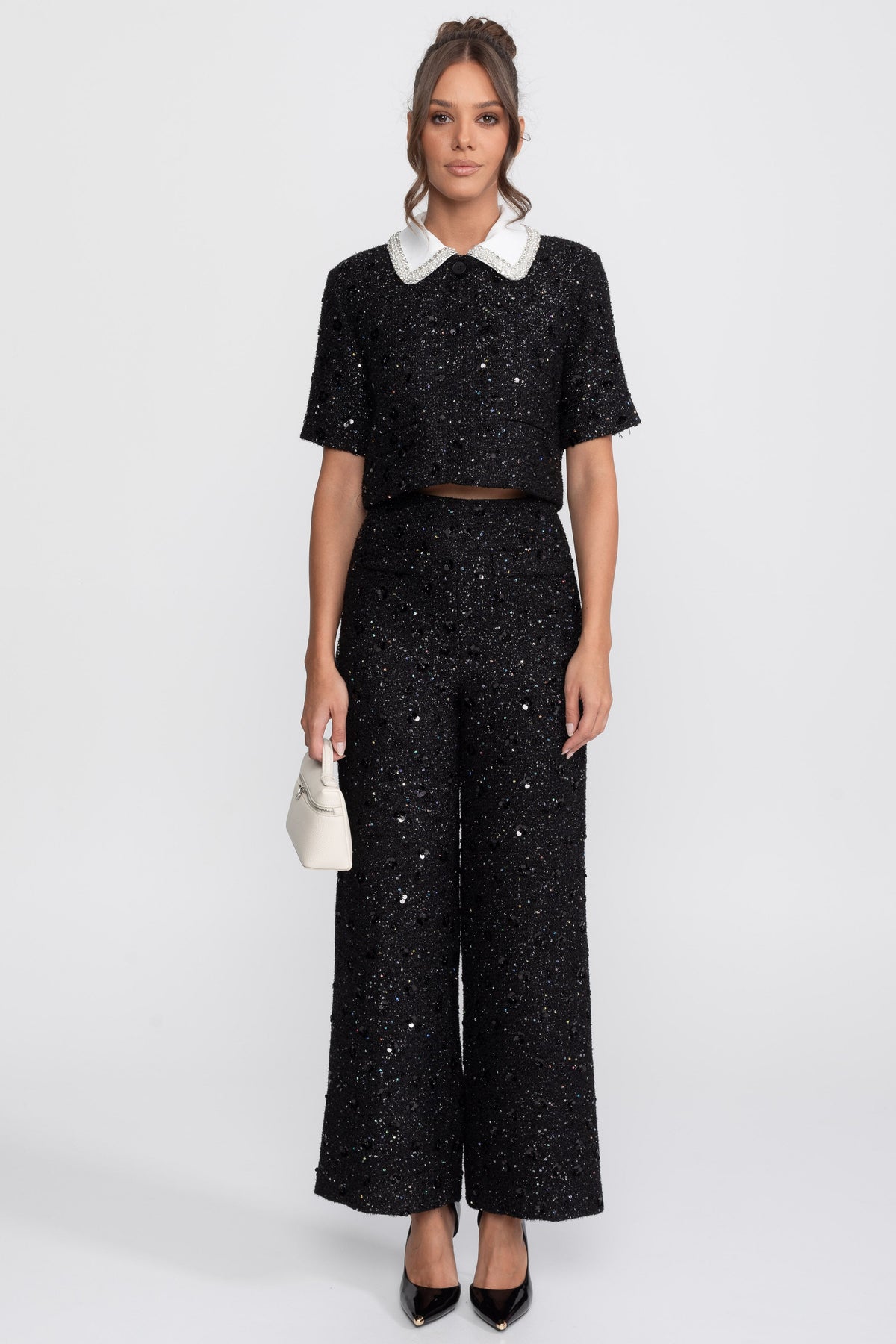 Short-Sleeve Tweed Cropped Jacket With Contrast Collar And Sequin Detail - Black