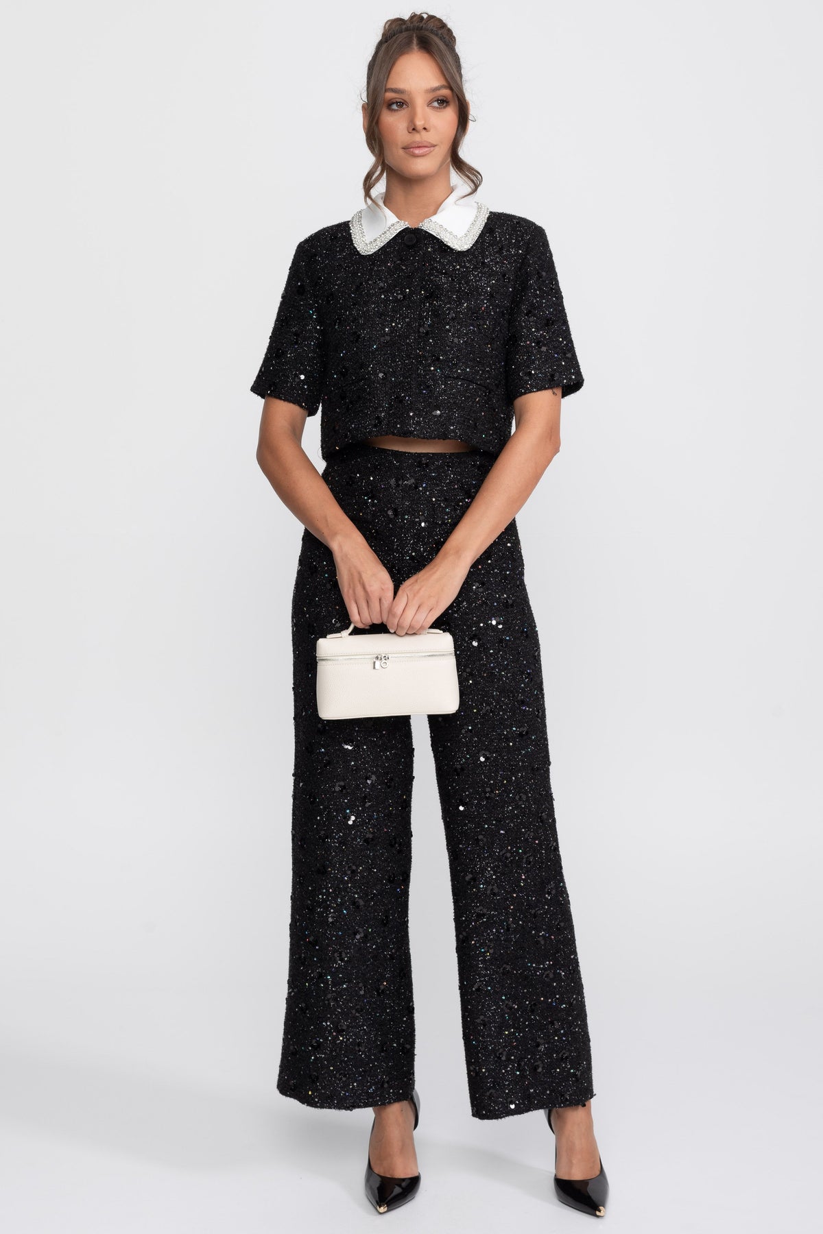 Short-Sleeve Tweed Cropped Jacket With Contrast Collar And Sequin Detail - Black
