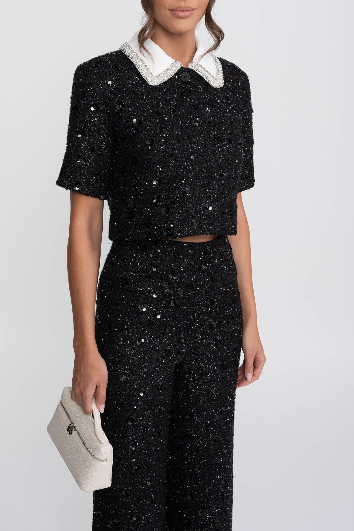 Short-Sleeve Tweed Cropped Jacket With Contrast Collar And Sequin Detail - Black
