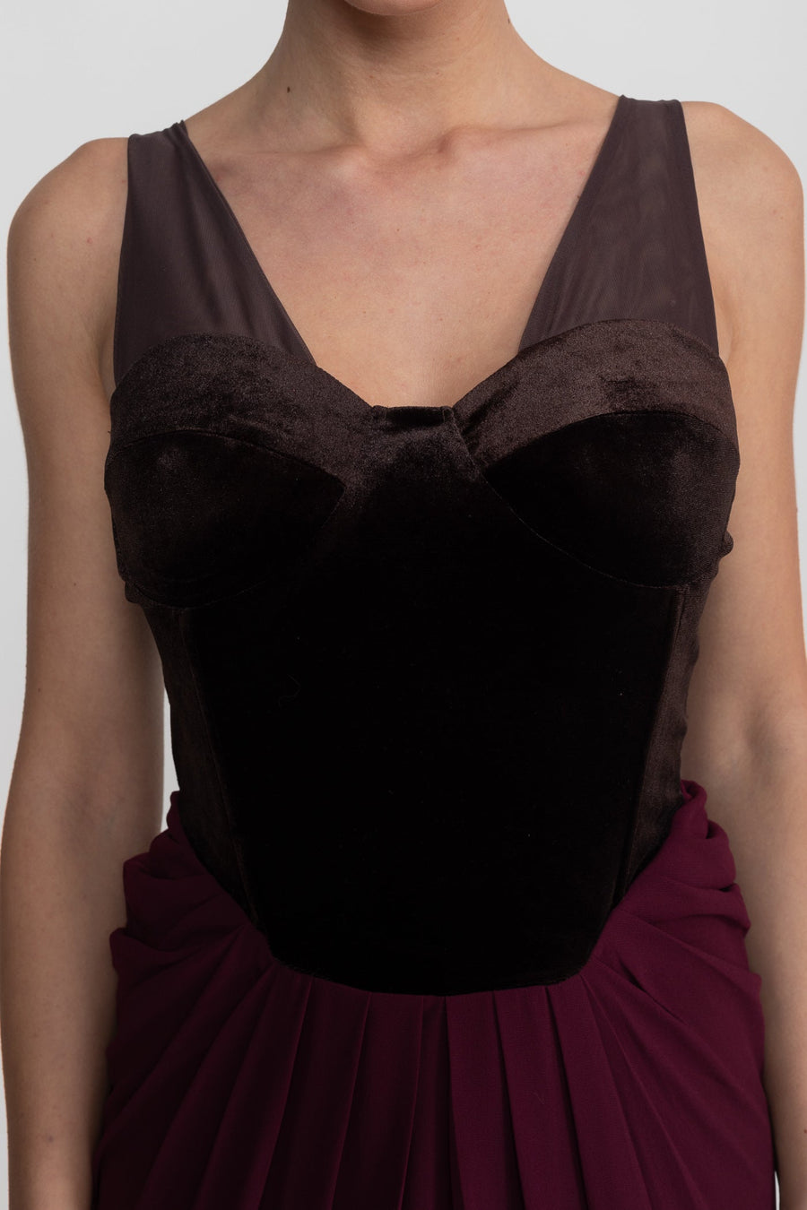 Maxi Dress With Velvet Corset Bodice And Flowing Skirt - Burgundy