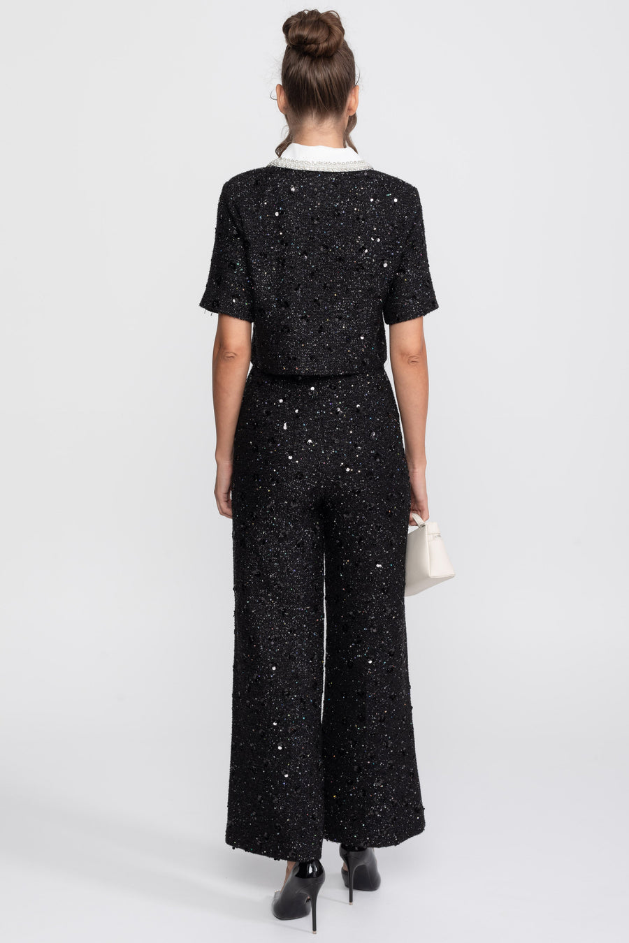 Wide-Leg Tweed Trousers With Sequin Detail - Black