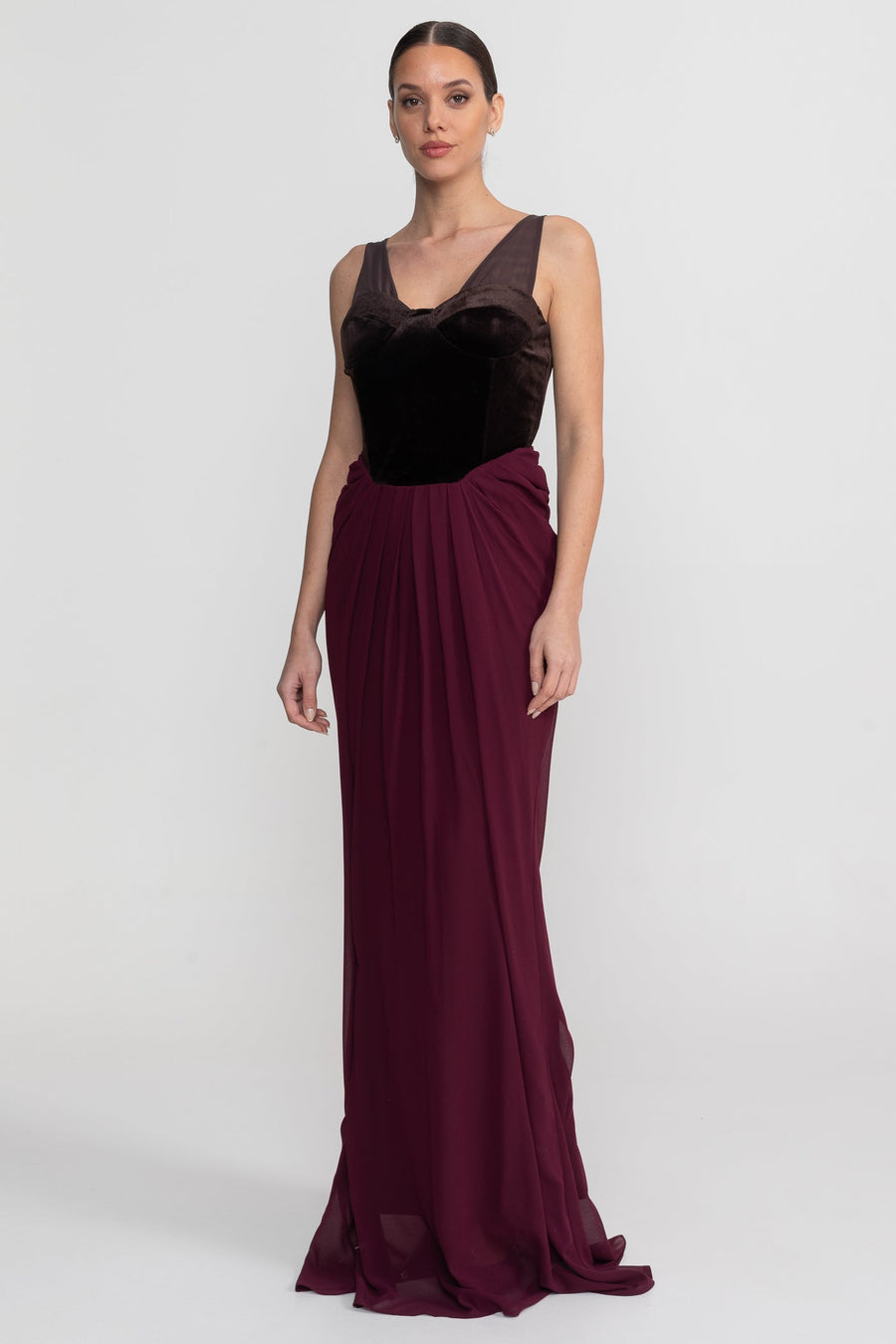 Maxi Dress With Velvet Corset Bodice And Flowing Skirt - Burgundy